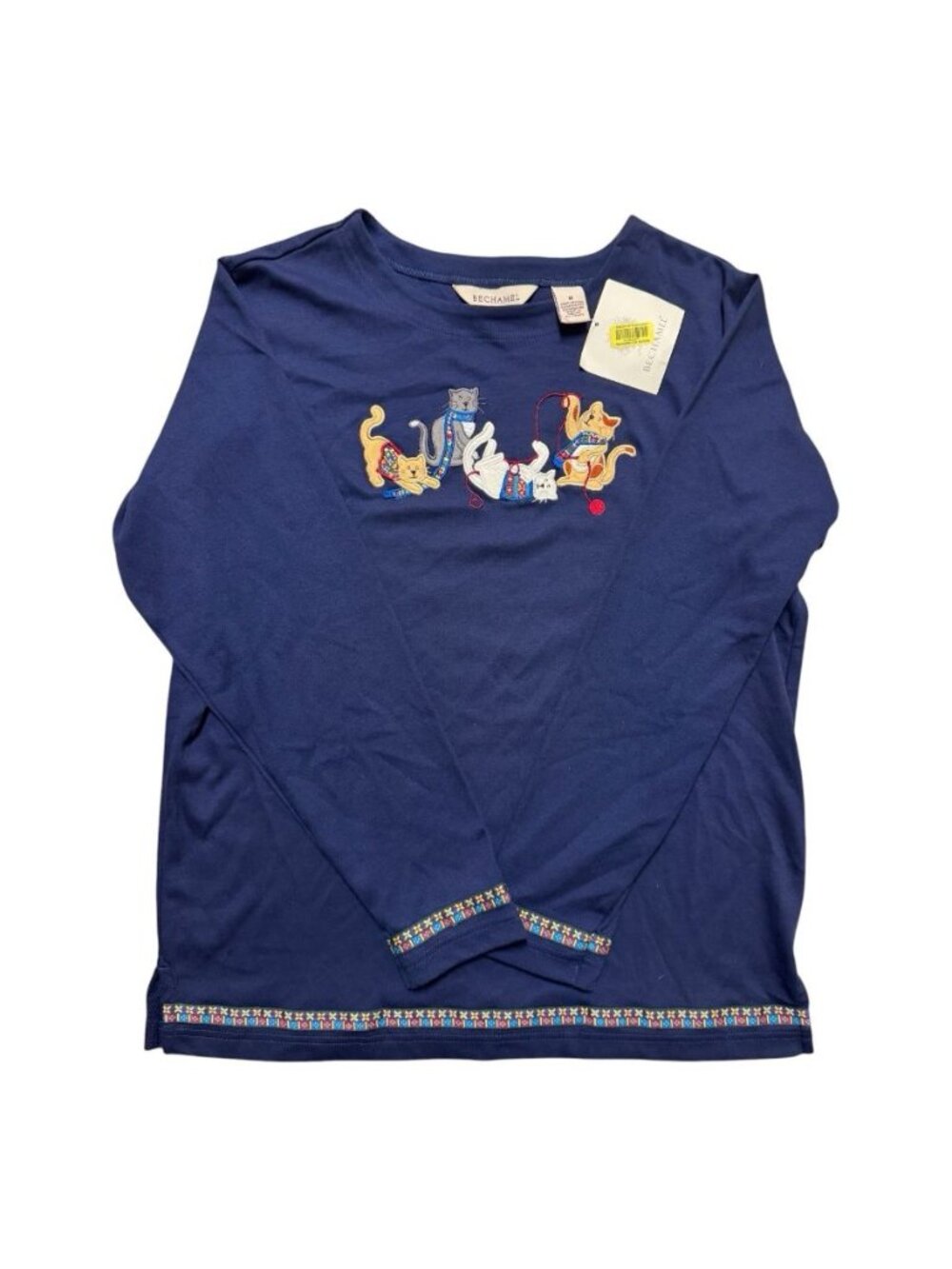 Bechamel Cat Lady Shirt Womens Medium NWT Embroidered Cats Yarn Navy Cotton Top
